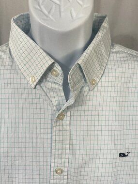 👔 Vineyard Vines Men's White & Green Checkered Slim Fit Long Sleeve Shirt Large